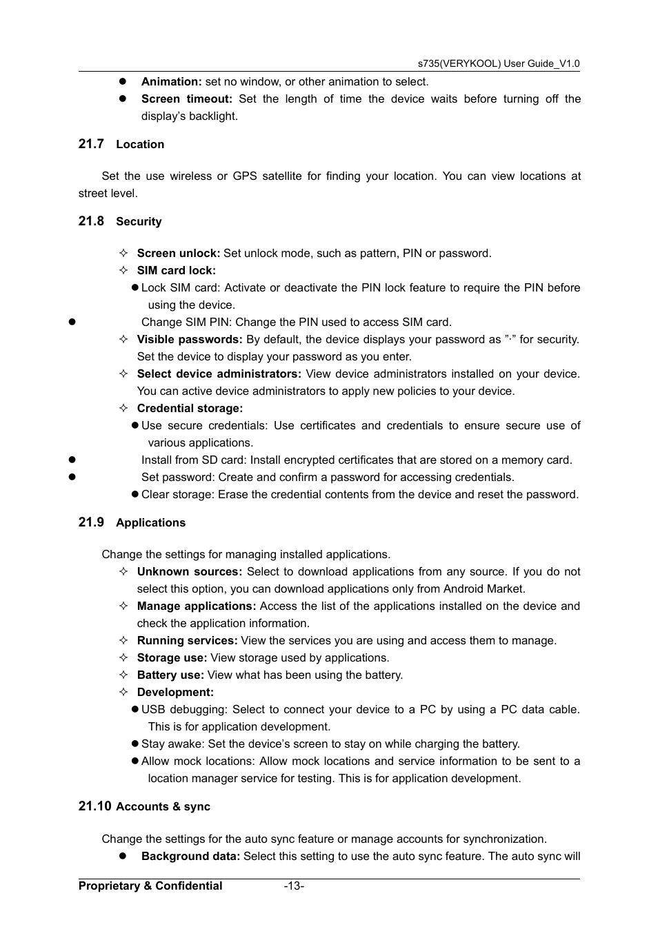 7 location, 8 security, 9 applications | 10 accounts & sync, Ocation, Ecurity, Pplications, 10 a, Ccounts, Sync | Verykool s735 User Manual | Page 17 / 24