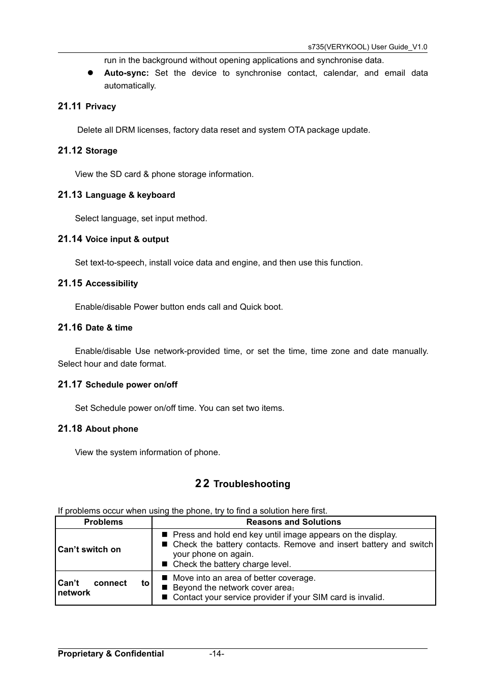 11 privacy, 12 storage, 13 language & keyboard | 14 voice input & output, 15 accessibility, 16 date & time, 17 schedule power on/off, 18 about phone, 22 troubleshooting, 11 p | Verykool s735 User Manual | Page 18 / 24