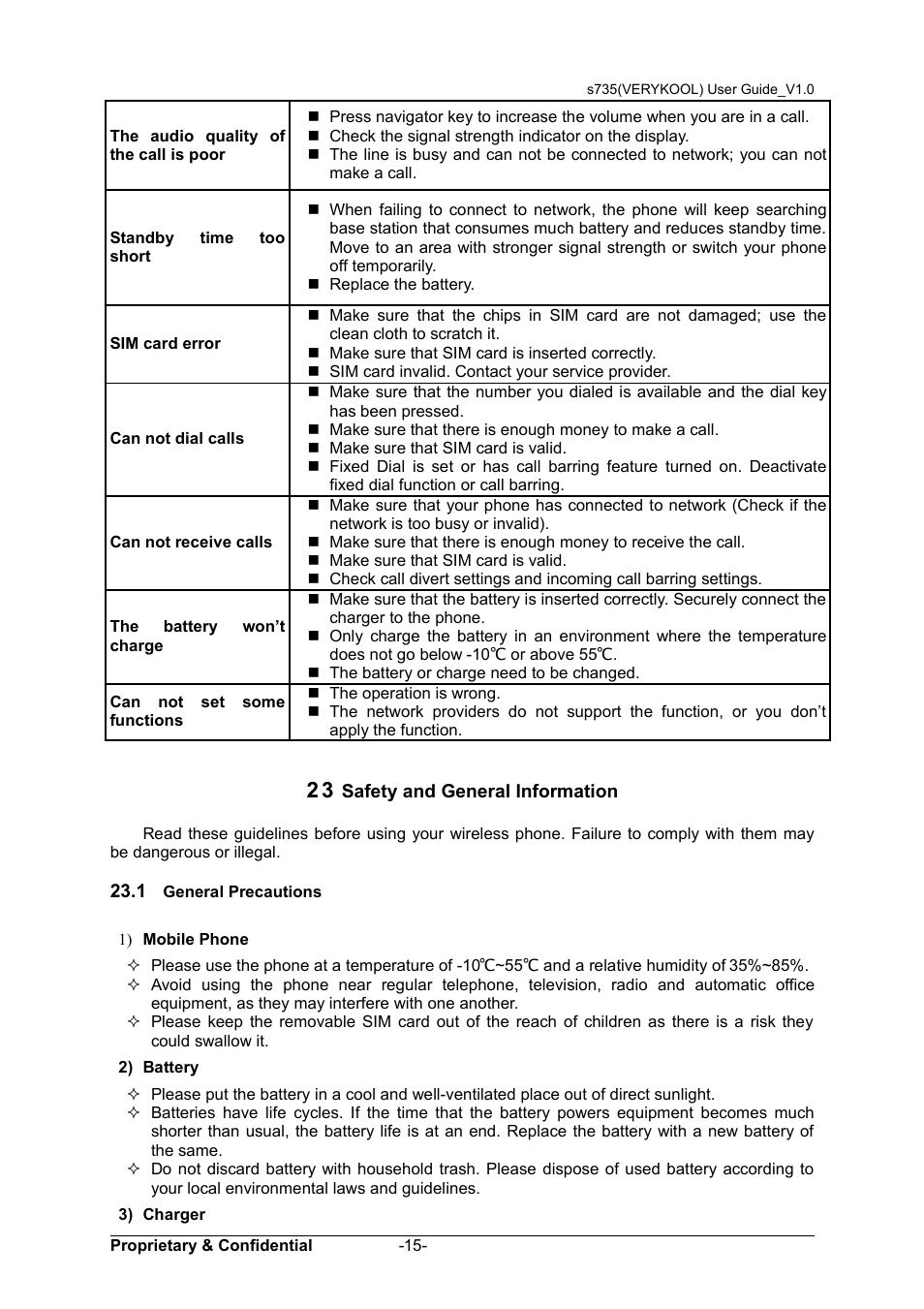 23 safety and general information, 1 general precautions, Eneral | Recautions | Verykool s735 User Manual | Page 19 / 24