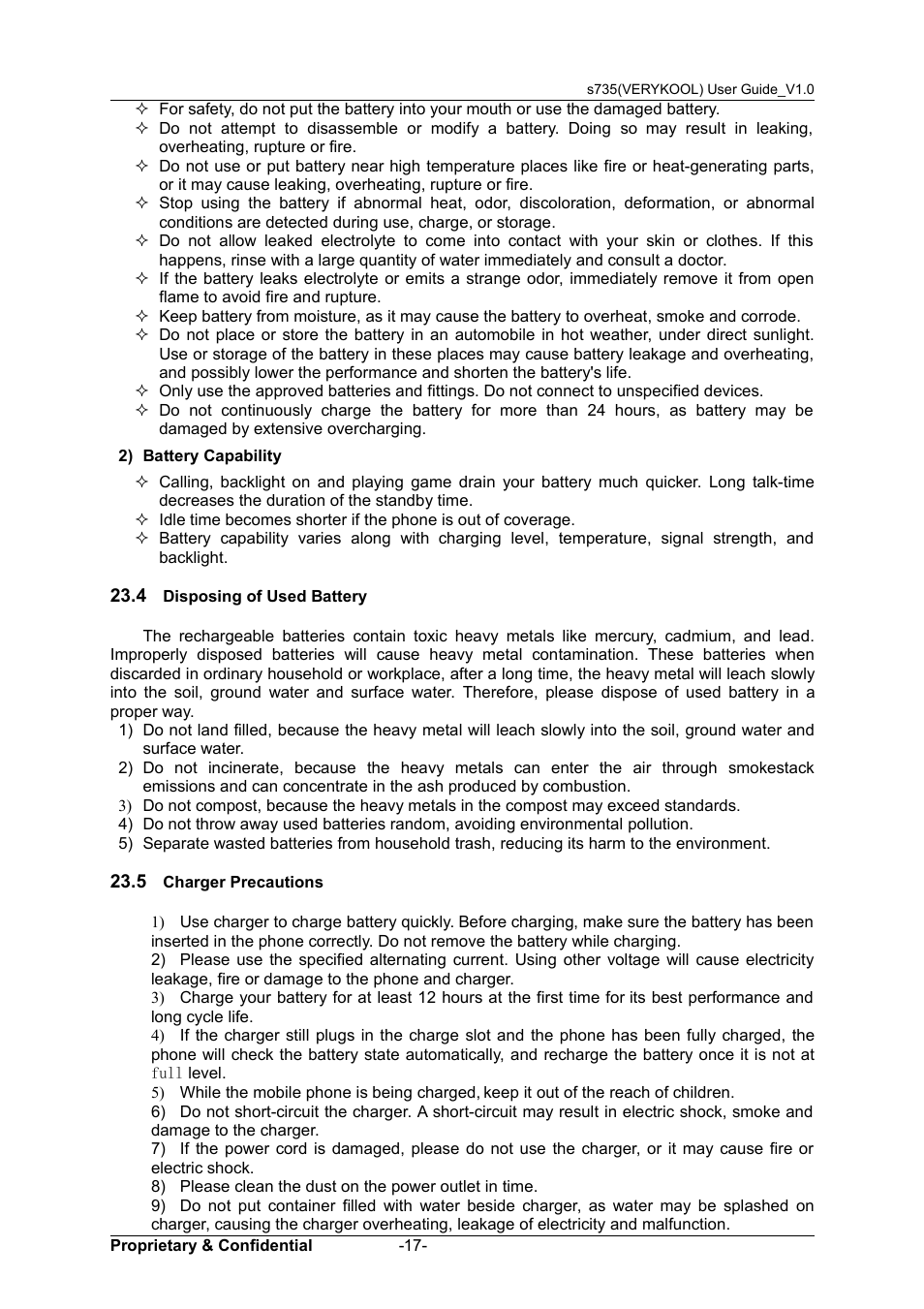 4 disposing of used battery, 5 charger precautions, Isposing | Attery, Harger, Recautions | Verykool s735 User Manual | Page 21 / 24