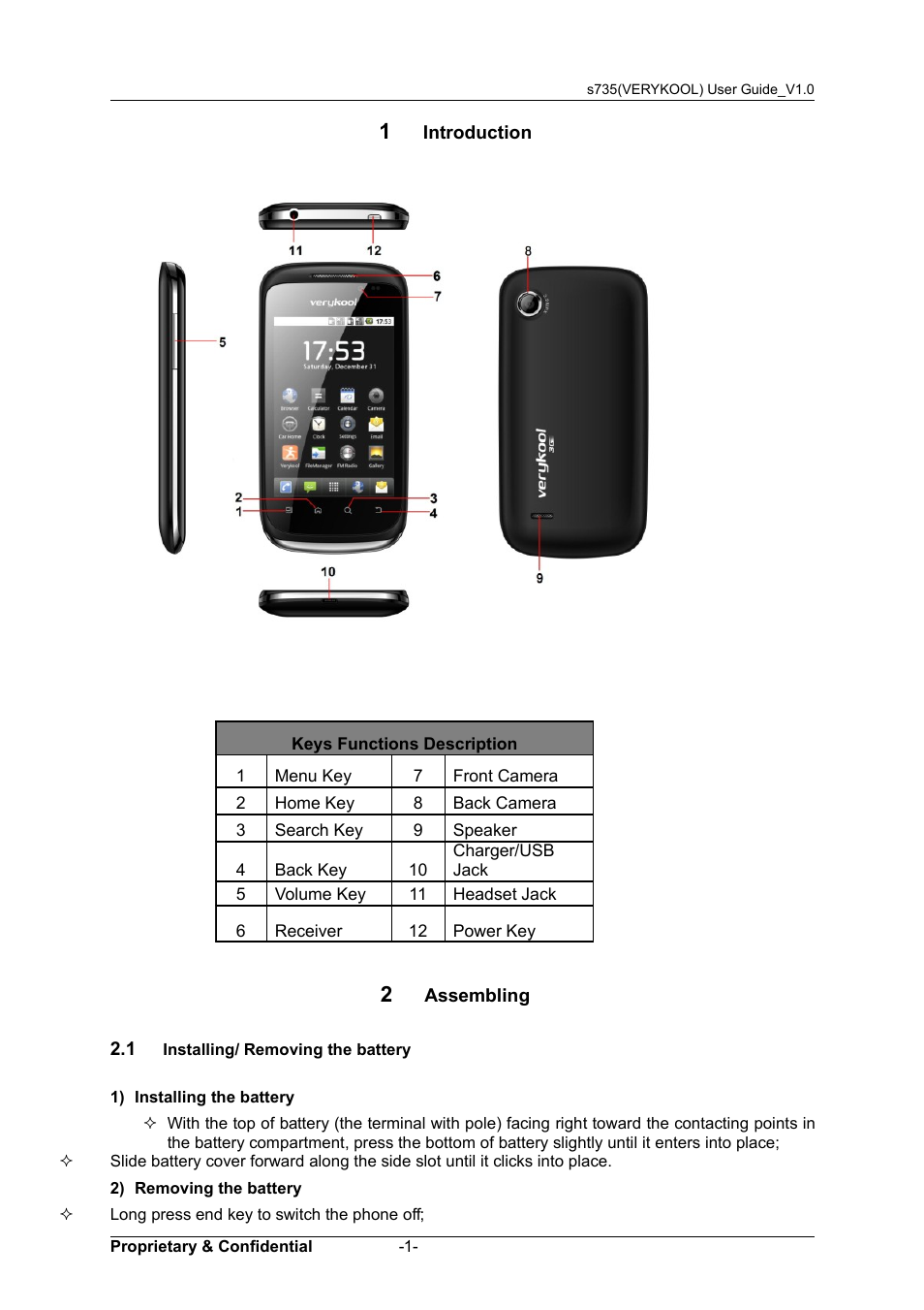 1 introduction, 2 assembling, 1 installing/ removing the battery | Nstalling, Emoving, Battery | Verykool s735 User Manual | Page 5 / 24