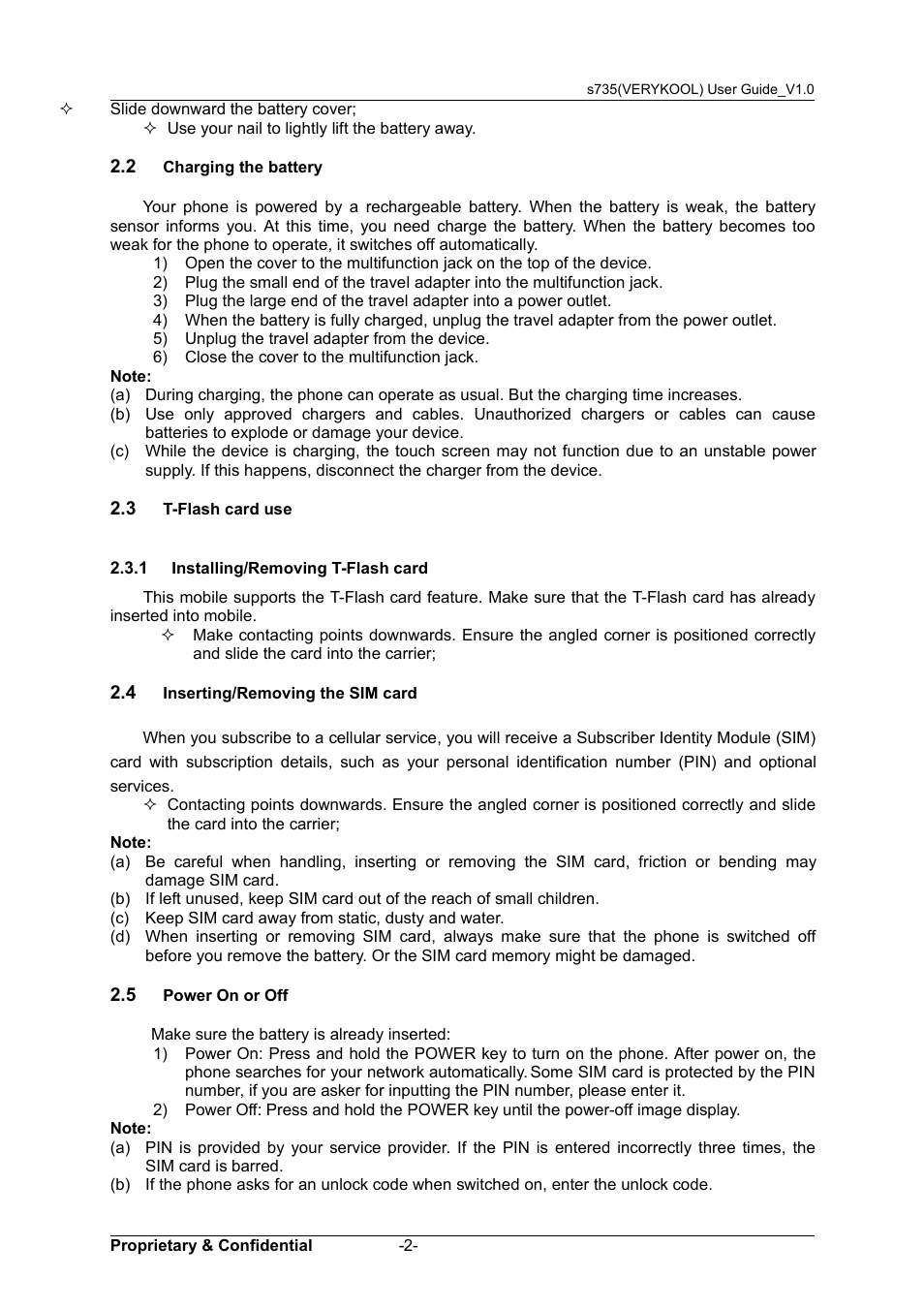 2 charging the battery, 3 t-flash card use, 1 installing/removing t-flash card | 4 inserting/removing the sim card, 5 power on or off, Harging, Battery, 3 t-f, Lash, Card | Verykool s735 User Manual | Page 6 / 24