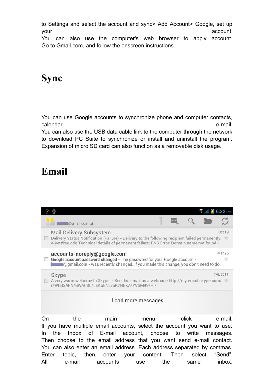 Sync, Email | Verykool RS90 User Manual | Page 13 / 16