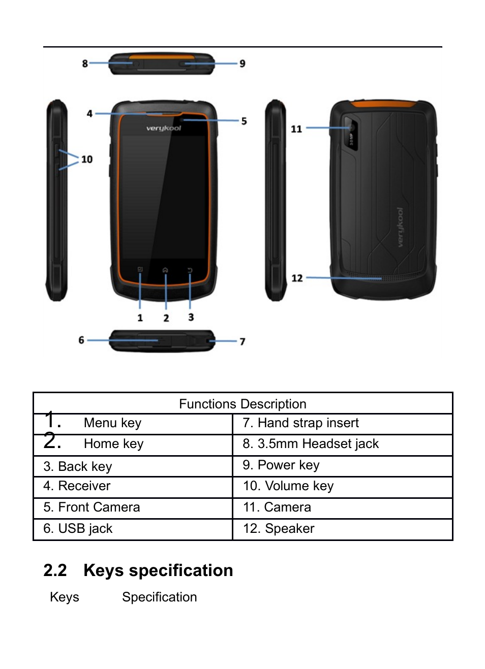 2 keys specification, Specification | Verykool RS75 User Manual | Page 10 / 45