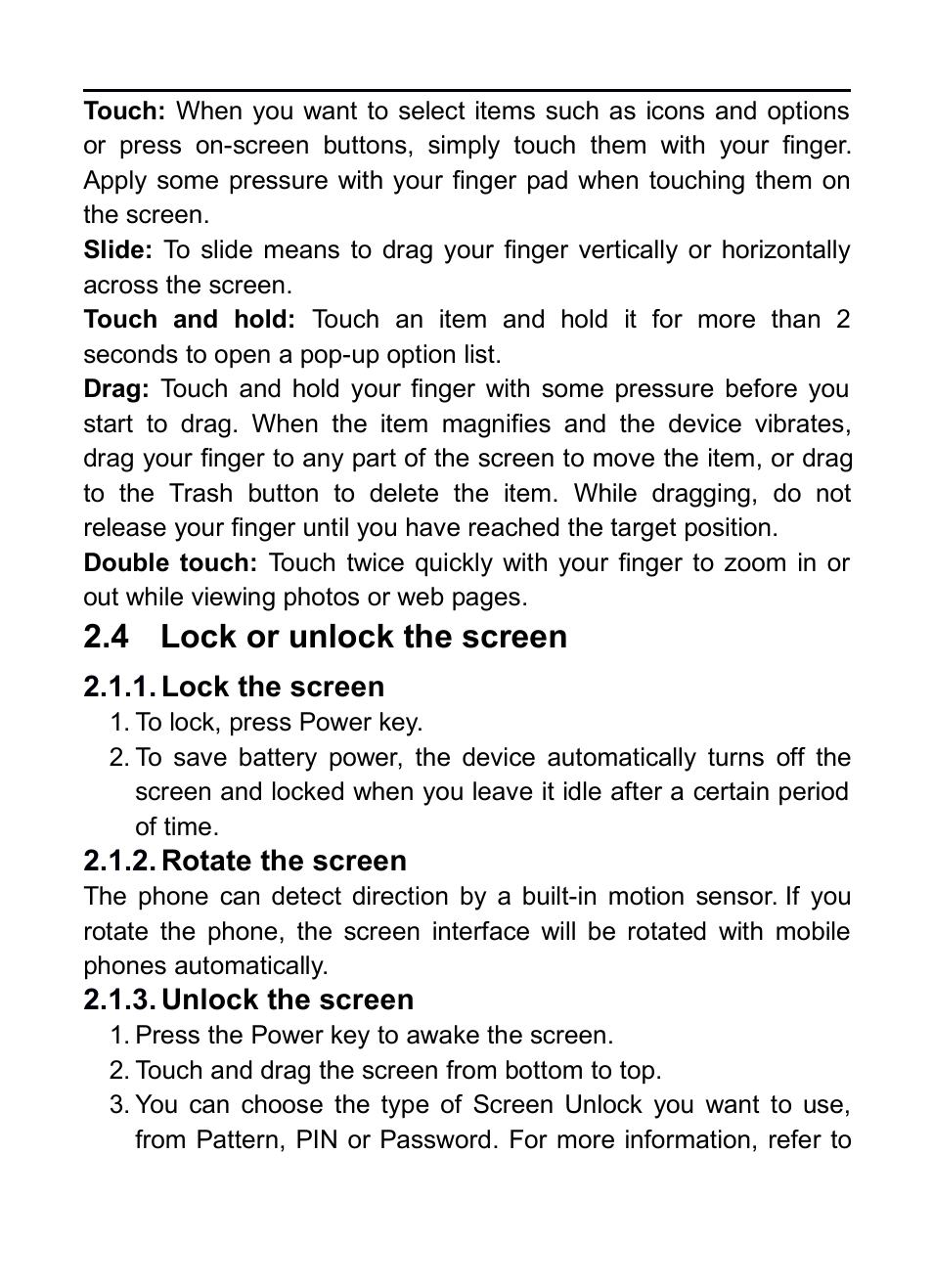 4 lock or unlock the screen, Lock the screen, Rotate the screen | Unlock the screen, Unlock, Screen | Verykool RS75 User Manual | Page 12 / 45