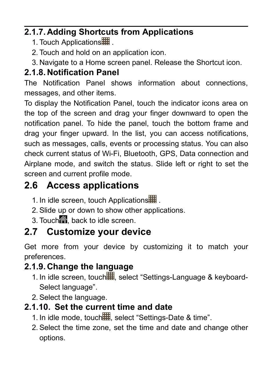 Adding shortcuts from applications, Notification panel, 6 access applications | 7 customize your device, Change the language, Set the current time and date, Adding shortcuts from applica?ons, No?ﬁca?on panel, Ccess, Applications | Verykool RS75 User Manual | Page 14 / 45