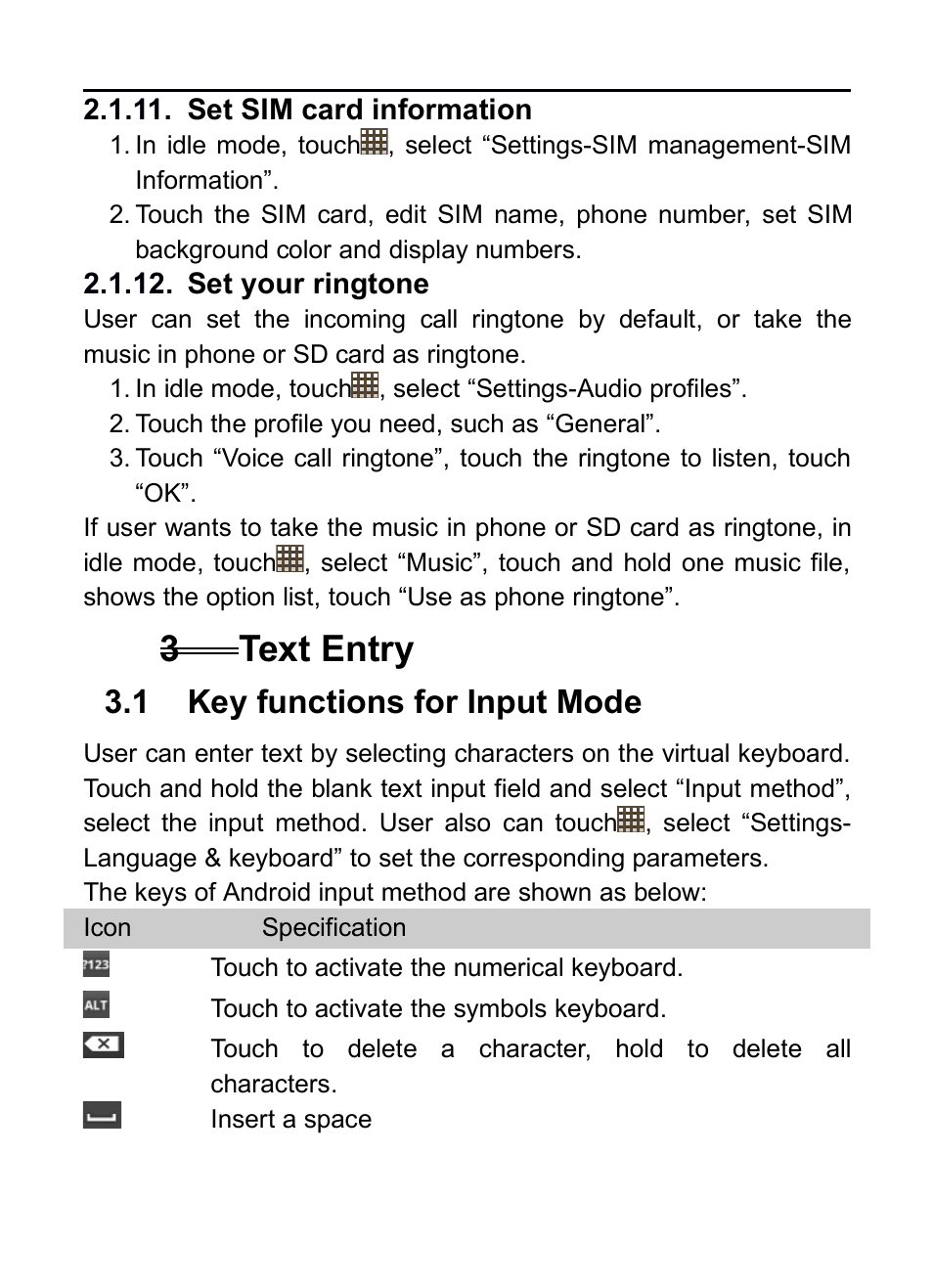 Set sim card information, Set your ringtone, 3 text entry | 1 key functions for input mode, Set sim card informa?on, 3text entry, Functions, Nput | Verykool RS75 User Manual | Page 15 / 45