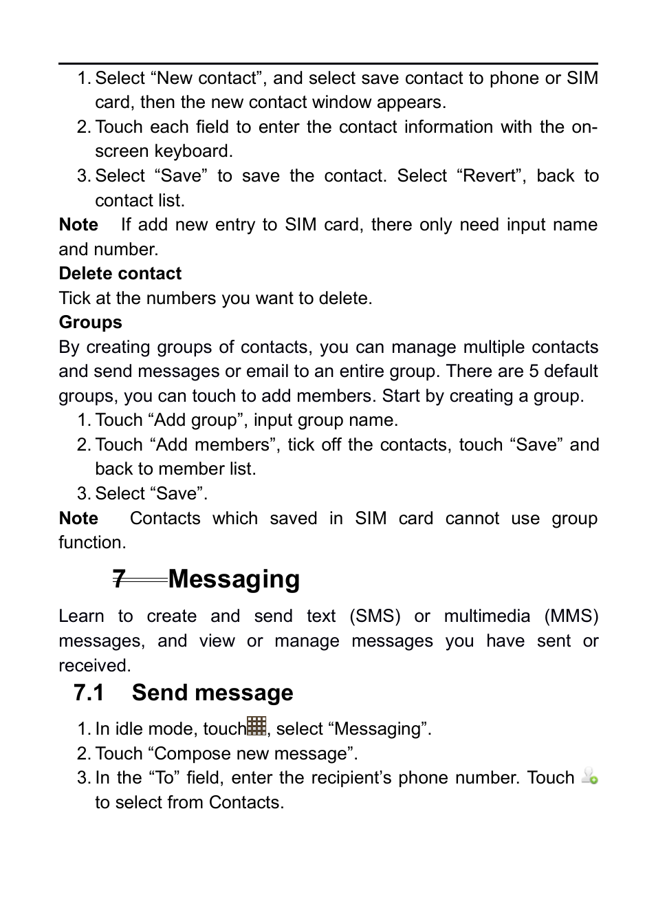 7 messaging, 1 send message, 7messaging | Message | Verykool RS75 User Manual | Page 19 / 45