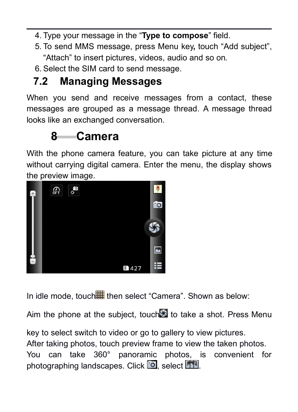 2 managing messages, 8 camera, Anaging | Essages, 8camera | Verykool RS75 User Manual | Page 20 / 45