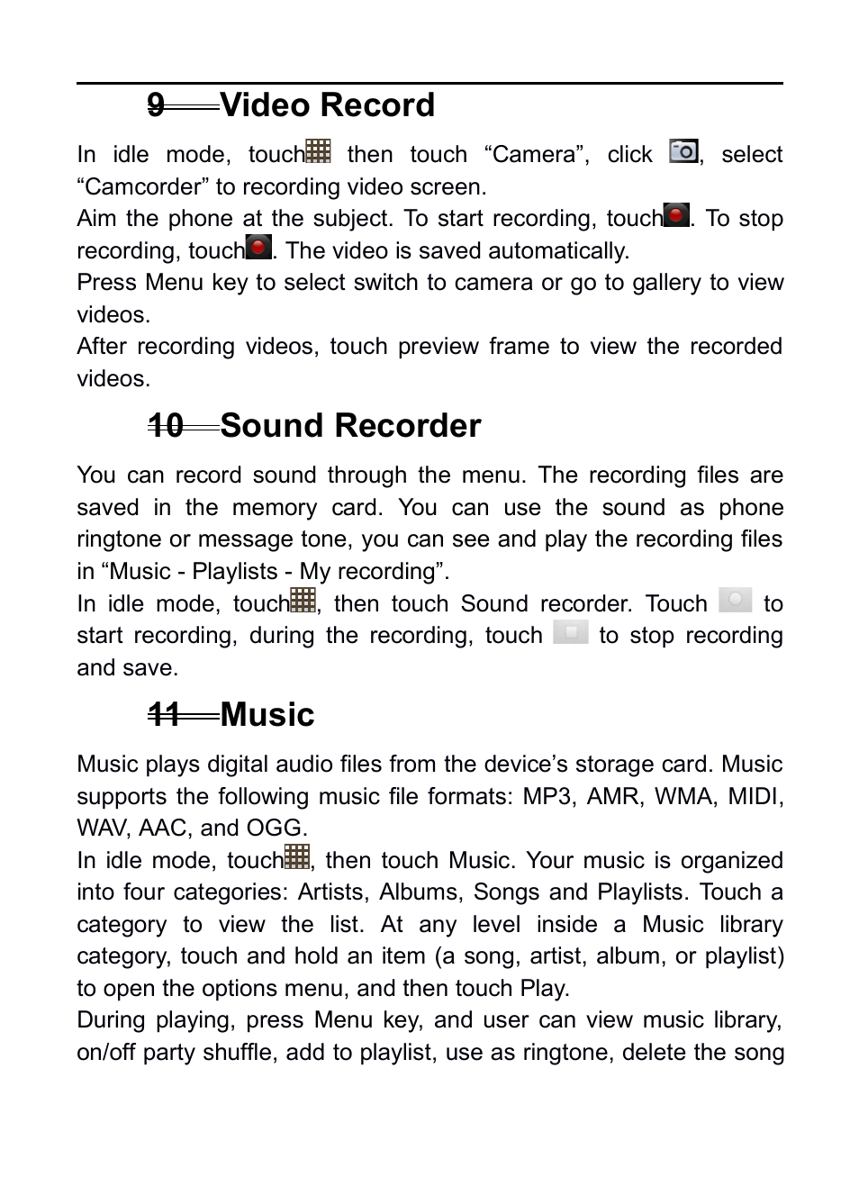 9 video record, 10 sound recorder, 11 music | 9video record, 10sound recorder, 11music | Verykool RS75 User Manual | Page 21 / 45