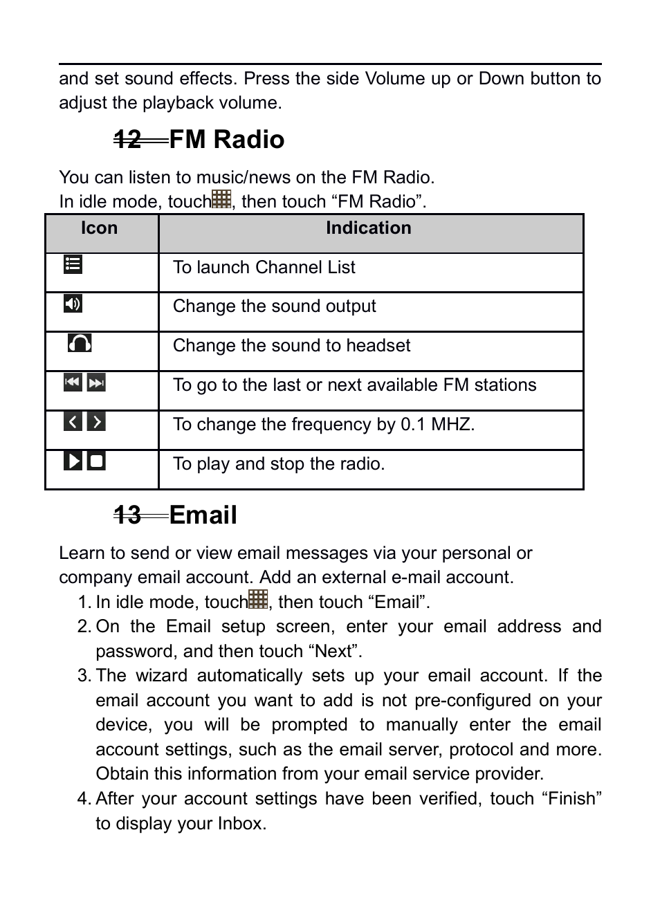 12 fm radio, 13 email, 12fm radio | 13email | Verykool RS75 User Manual | Page 22 / 45