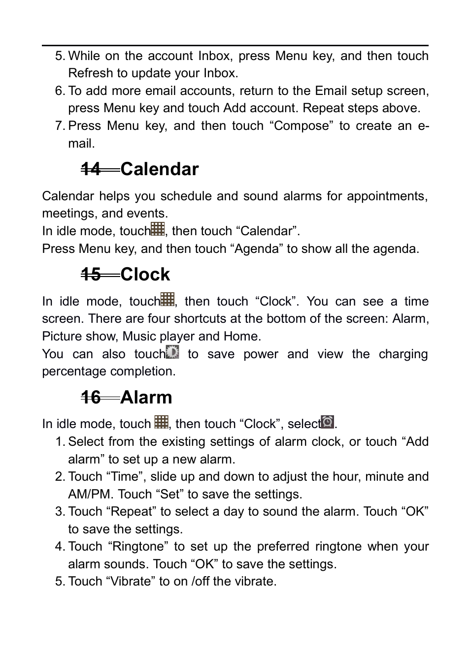 14 calendar, 15 clock, 16 alarm | 14calendar, 15clock, 16alarm | Verykool RS75 User Manual | Page 23 / 45