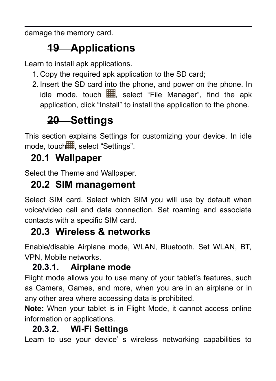 19 applications, 20 settings, 1 wallpaper | 2 sim management, 3 wireless & networks, Airplane mode, Wi-fi settings, 19applications, 20settings, Allpaper | Verykool RS75 User Manual | Page 25 / 45