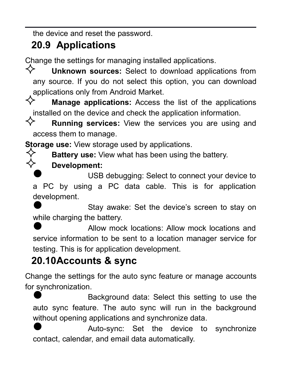 9 applications, 10 accounts & sync, Pplications | Ccounts, Sync | Verykool RS75 User Manual | Page 29 / 45