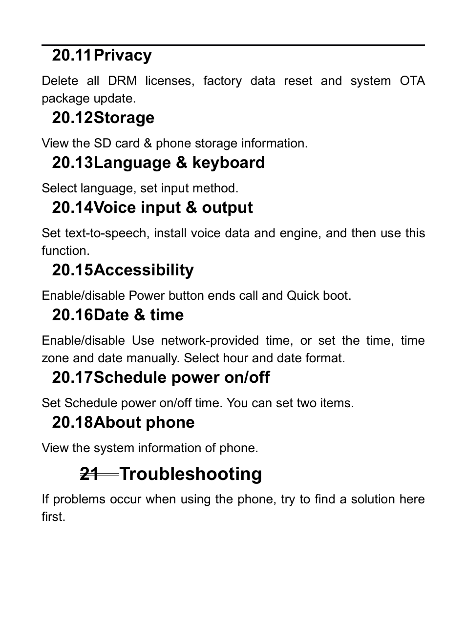 11 privacy, 12 storage, 13 language & keyboard | 14 voice input & output, 15 accessibility, 16 date & time, 17 schedule power on/off, 18 about phone, 21 troubleshooting, Rivacy | Verykool RS75 User Manual | Page 30 / 45