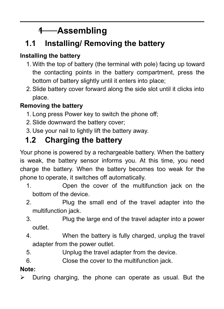 1 assembling, 1 installing/ removing the battery, 2 charging the battery | 1assembling, Nstalling, Emoving, Battery, Harging | Verykool RS75 User Manual | Page 7 / 45