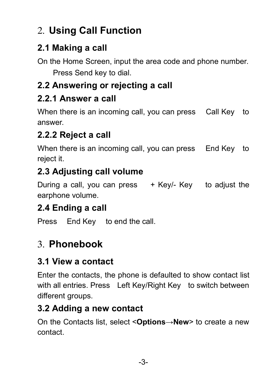Using call function, Phonebook, 2 using call function | 3 phonebook | Verykool i601 User Manual | Page 11 / 31