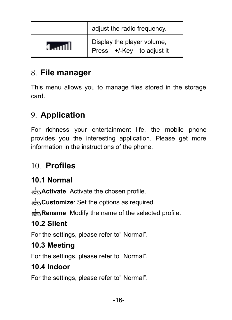 File manager, Application, Profiles | 8 file manager, 9 application, 10  profiles | Verykool i601 User Manual | Page 24 / 31