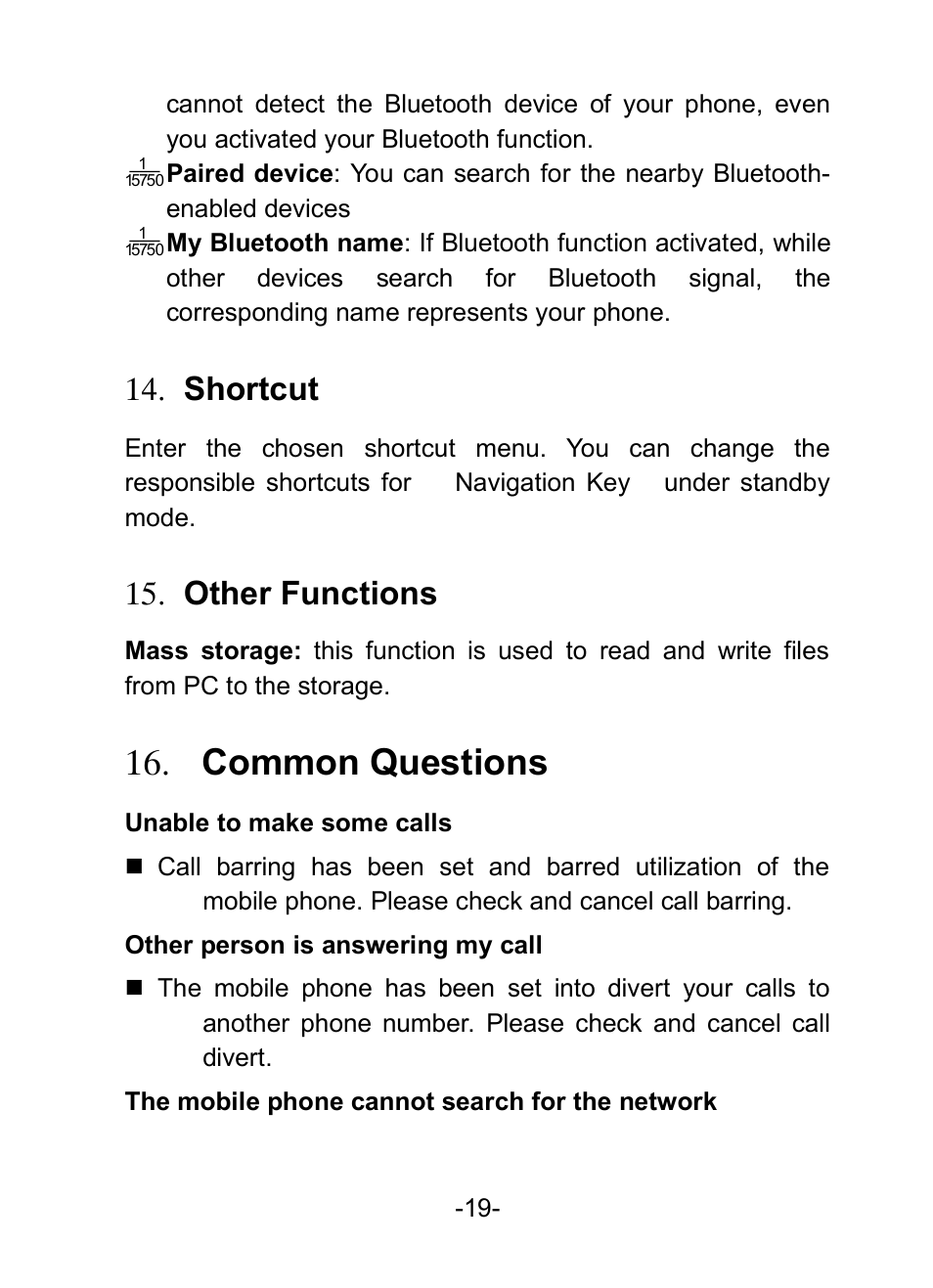 Shortcut, Other functions, Common questions | 16  common questions, 14  shortcut, 15  other functions | Verykool i601 User Manual | Page 27 / 31