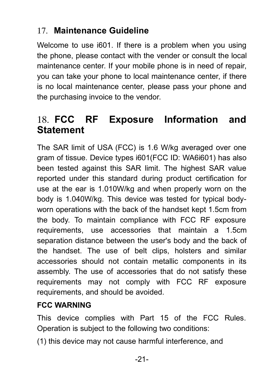 Maintenance guideline, Fcc rf exposure information and statement, 18  fcc rf exposure information and statement | Verykool i601 User Manual | Page 29 / 31