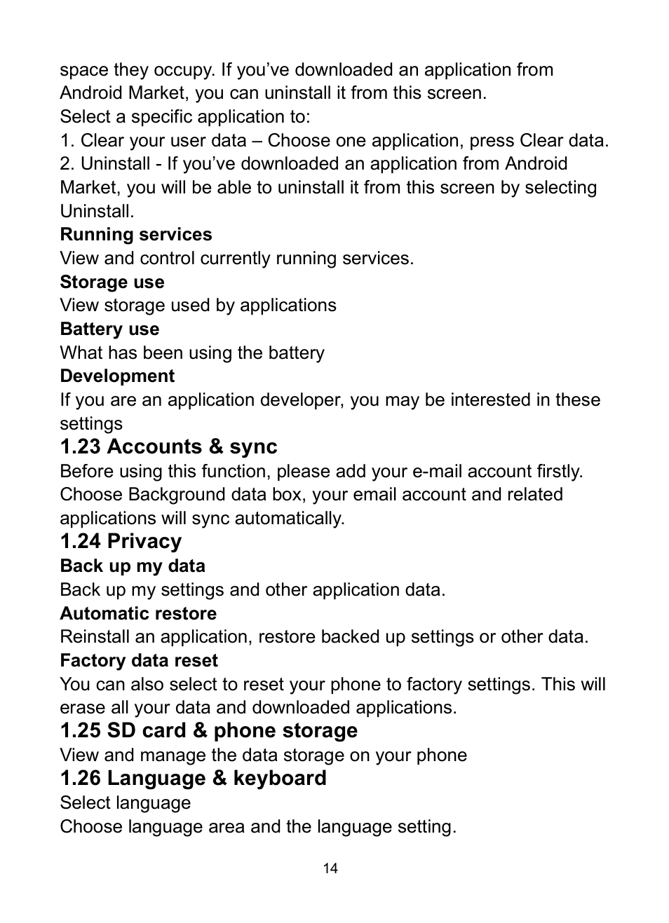 23 accounts & sync, 24 privacy, 25 sd card & phone storage | 26 language & keyboard, 23 a, Ccounts, Sync, 24 p, Rivacy, 25 sd | Verykool s350 User Manual | Page 19 / 28