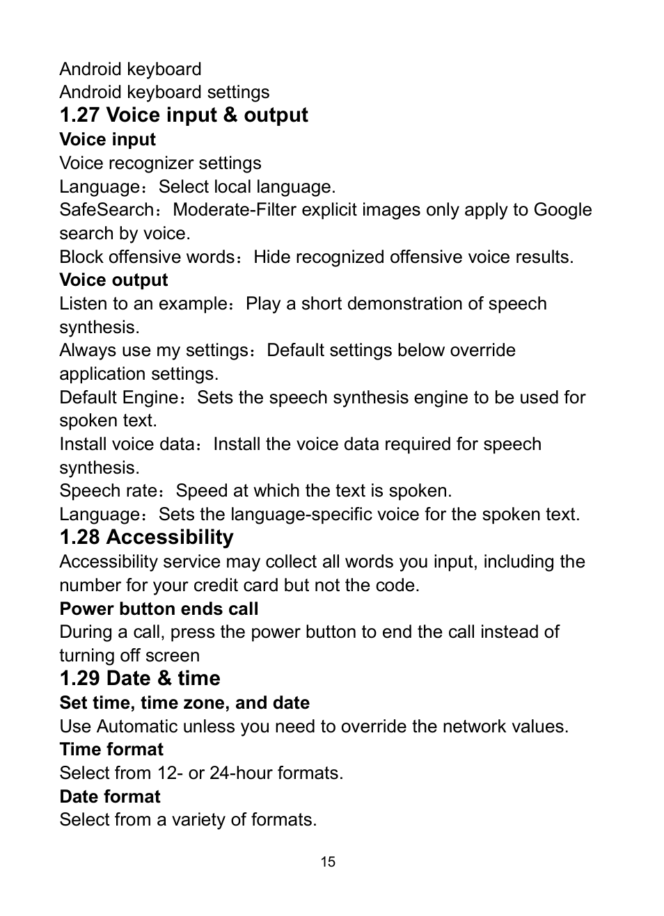 27 voice input & output, 28 accessibility, 29 date & time | 27 v, Oice, Input, Output, 28 a, Ccessibility, 29 d | Verykool s350 User Manual | Page 20 / 28