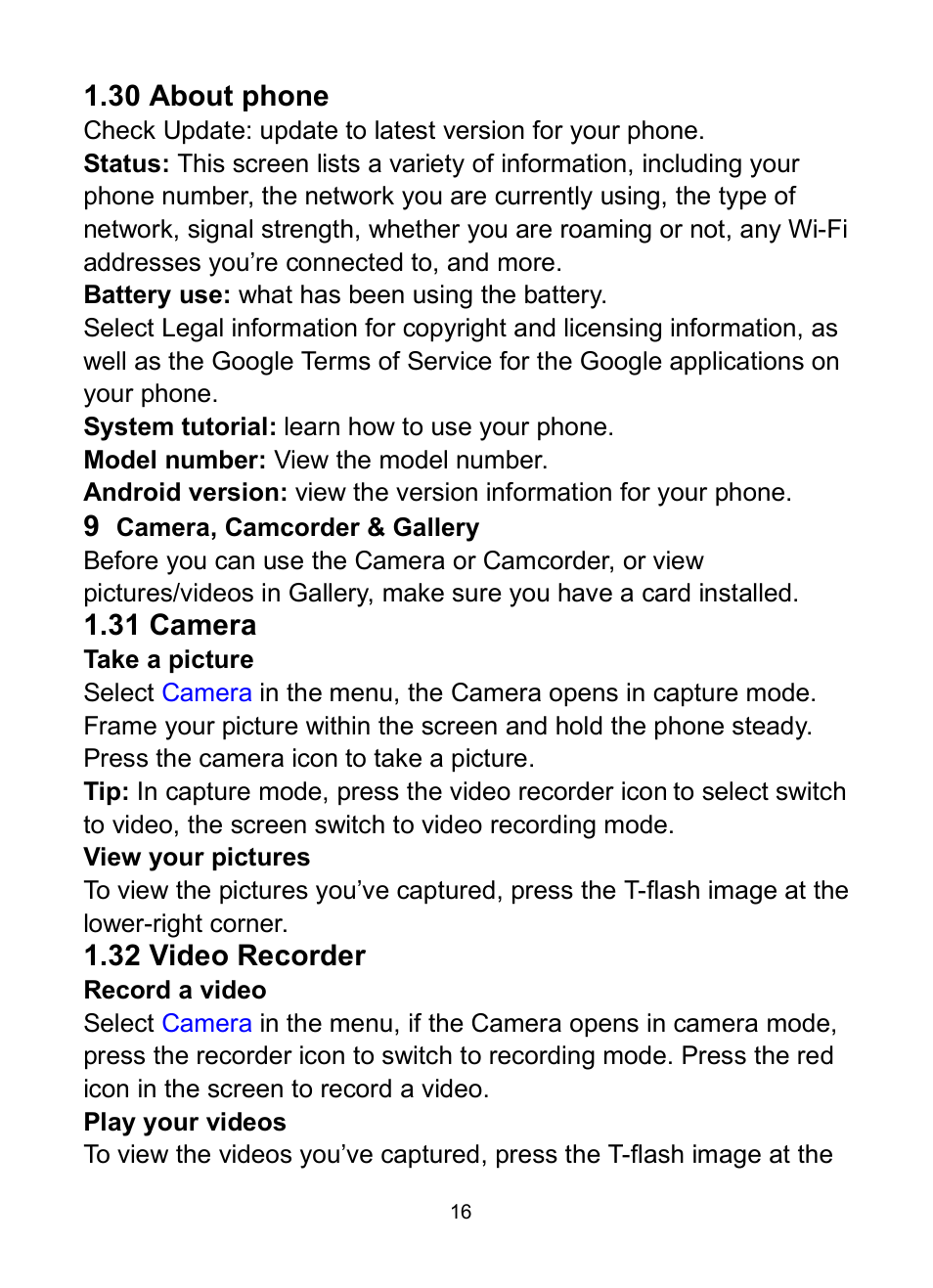 30 about phone, 31 camera, 32 video recorder | 30 a, Bout, Phone, 31 c, Amera, 32 v, Ideo | Verykool s350 User Manual | Page 21 / 28