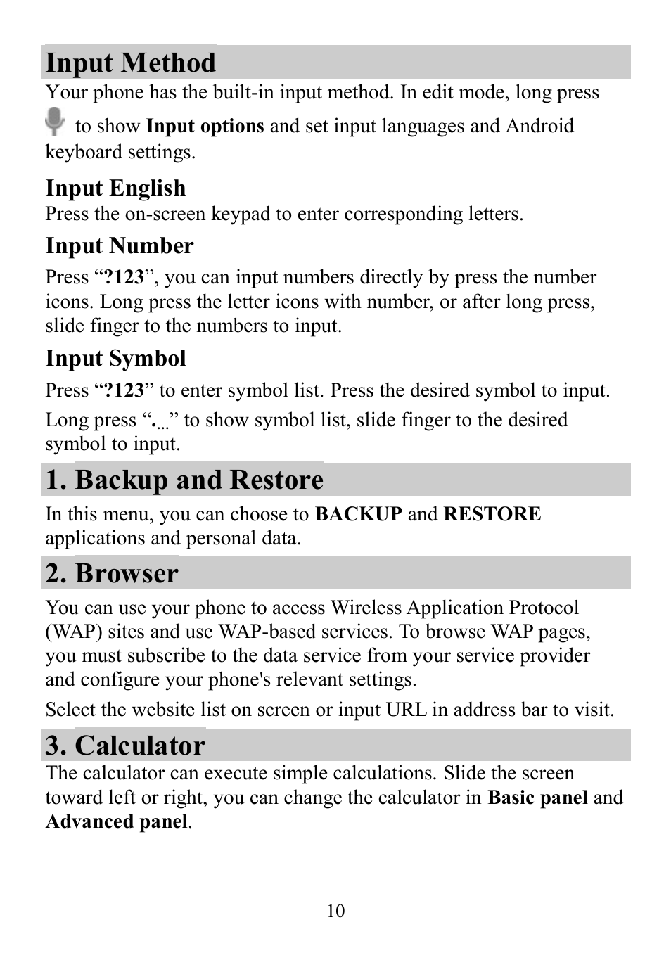 Input method, Backup and restore, Browser | Calculator | Verykool s4510 User Manual | Page 10 / 22
