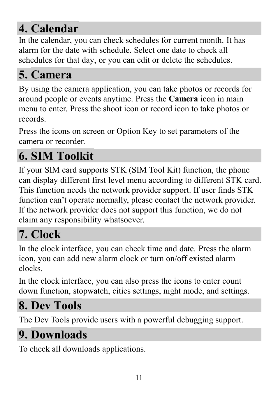 Calendar, Camera, Sim toolkit | Clock, Dev tools, Downloads | Verykool s4510 User Manual | Page 11 / 22