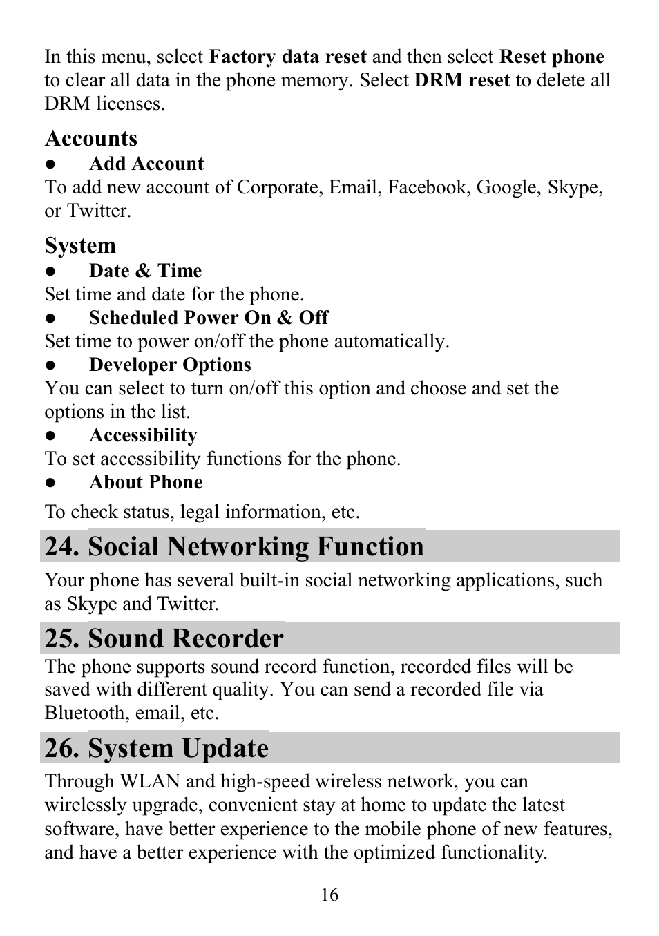 Social networking function, Sound recorder, System update | Accounts, System | Verykool s4510 User Manual | Page 16 / 22
