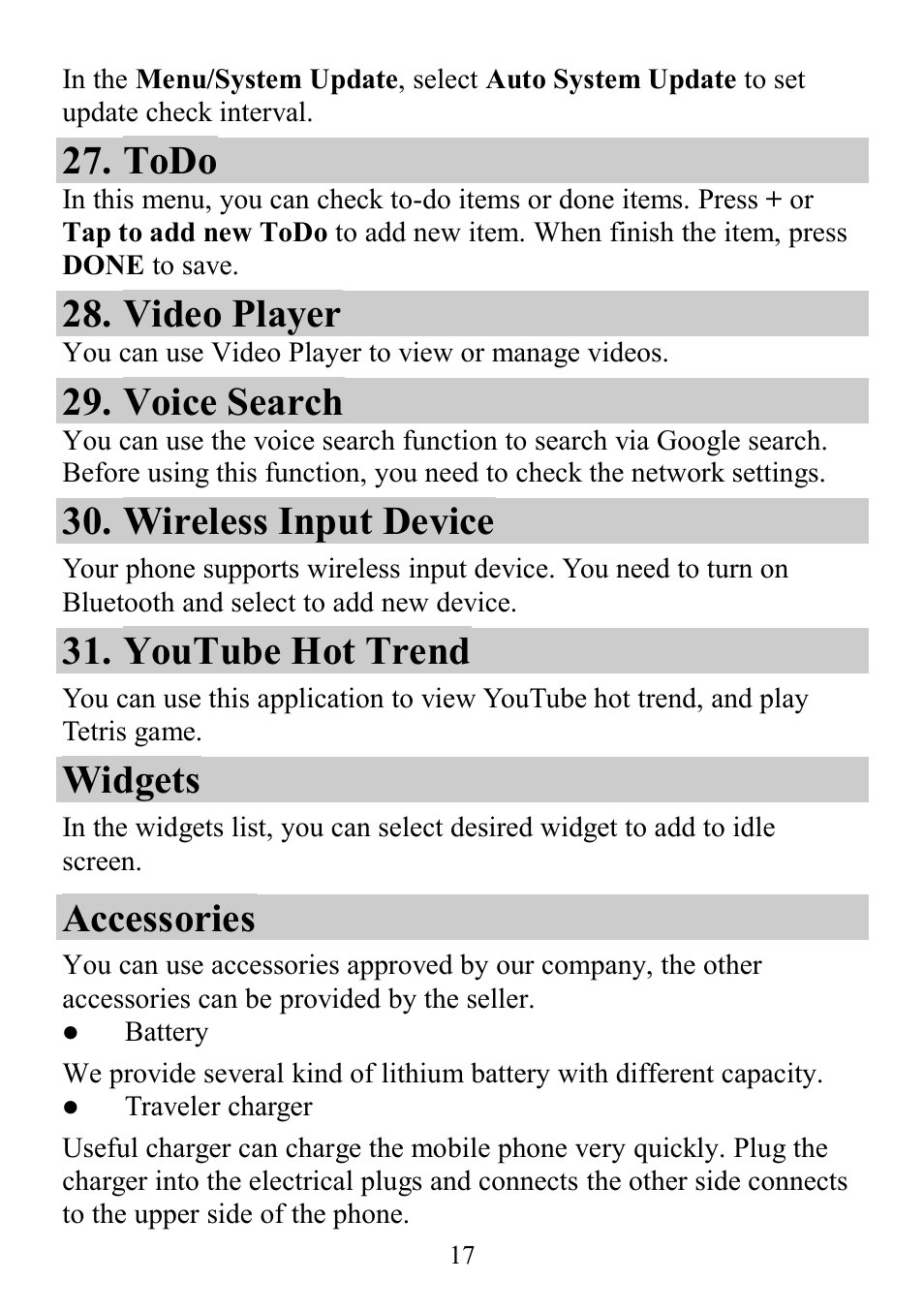 Todo, Video player, Voice search | Wireless input device, Youtube hot trend, Widgets, Accessories | Verykool s4510 User Manual | Page 17 / 22