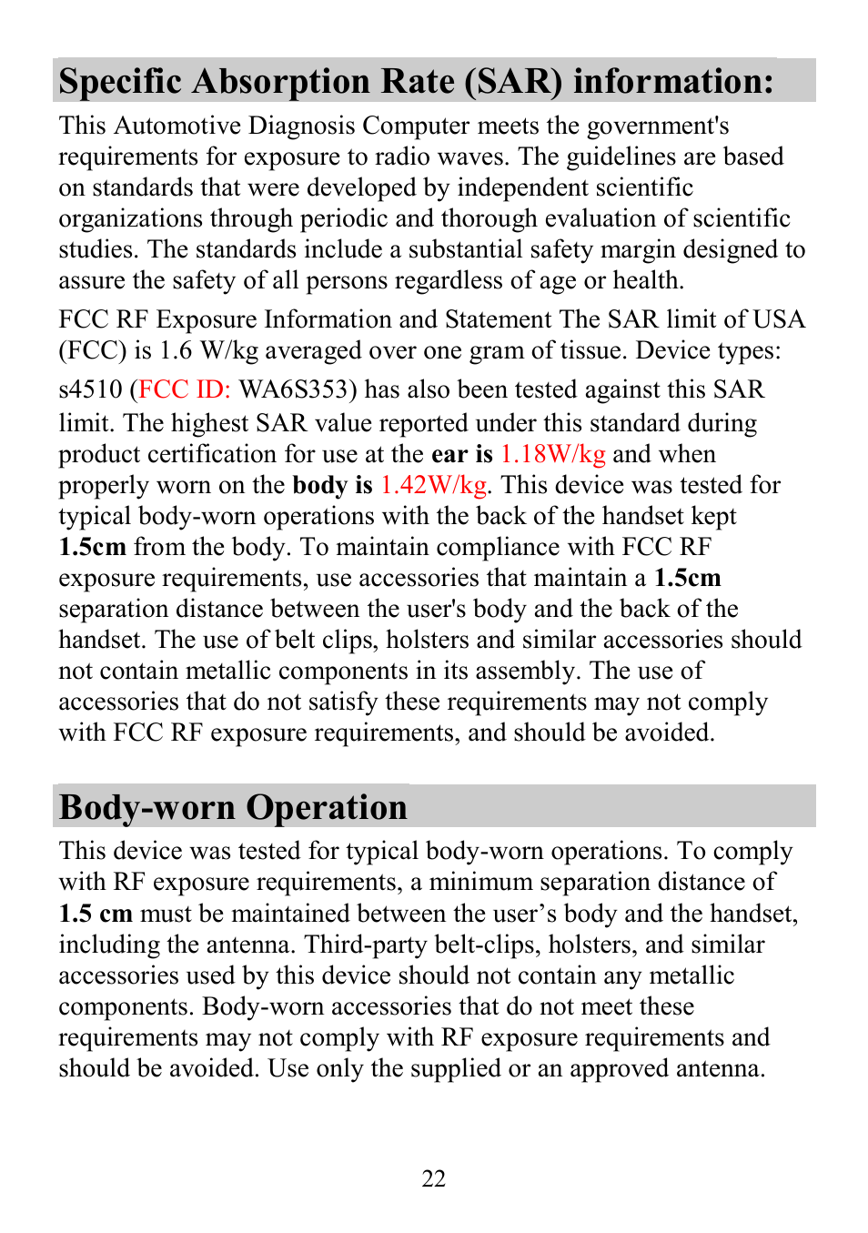 Specific absorption rate (sar) information, Body-worn operation | Verykool s4510 User Manual | Page 22 / 22
