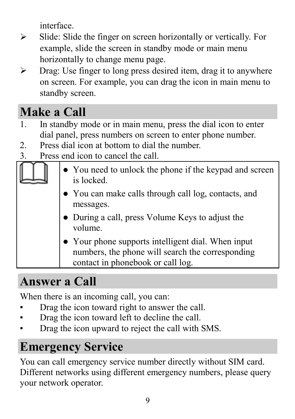 Make a call, Answer a call, Emergency service | Verykool s4510 User Manual | Page 9 / 22
