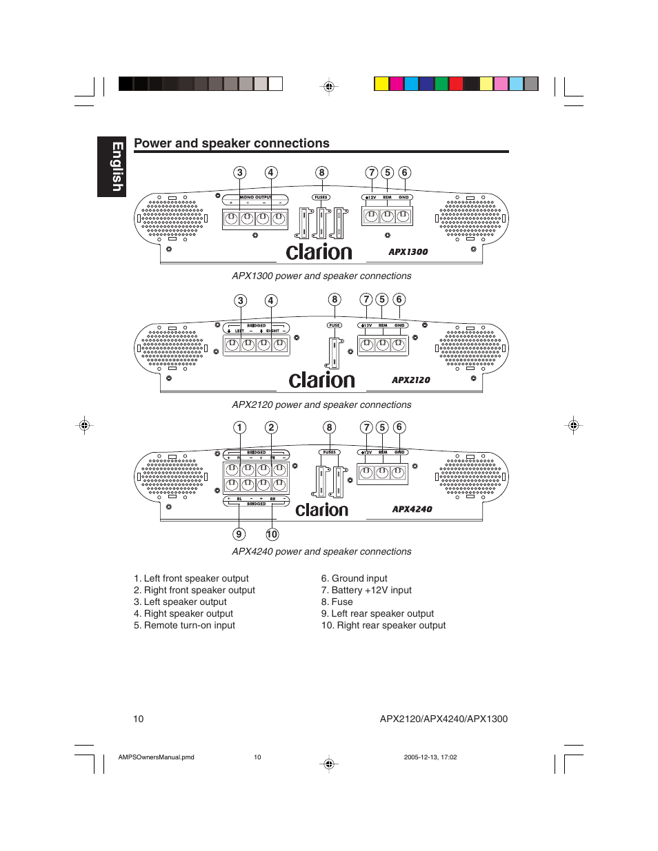 English, Power and speaker connections | Clarion APX2120 User Manual | Page 10 / 20