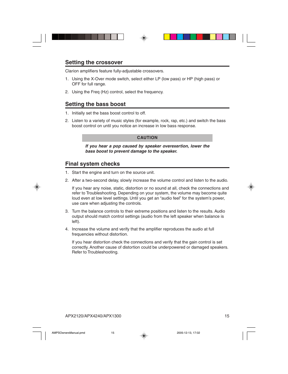 Setting the crossover, Setting the bass boost, Final system checks | Clarion APX2120 User Manual | Page 15 / 20