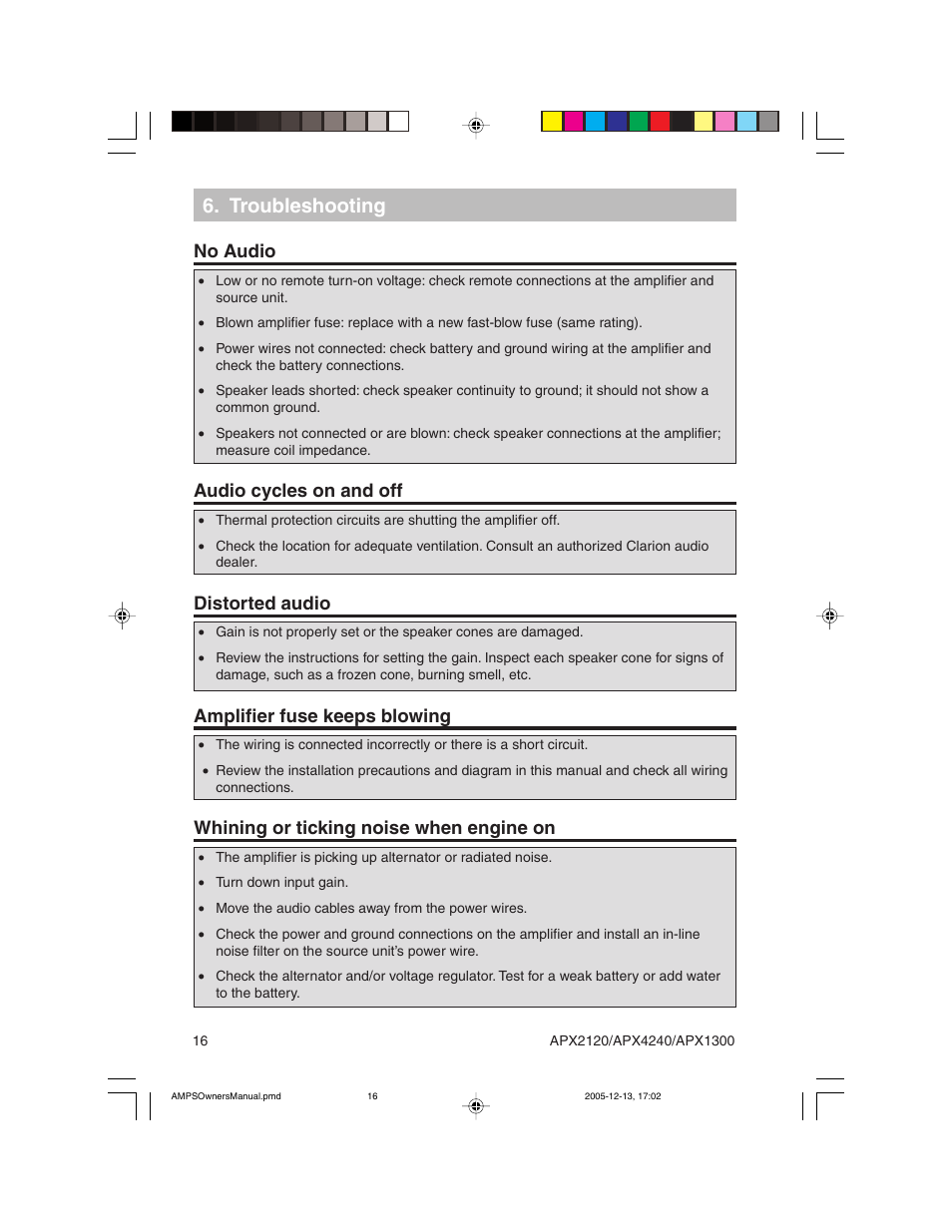 Troubleshooting, No audio, Audio cycles on and off | Distorted audio, Amplifier fuse keeps blowing, Whining or ticking noise when engine on | Clarion APX2120 User Manual | Page 16 / 20