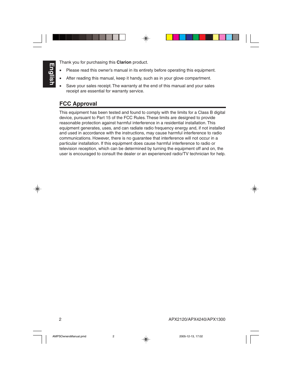 English, Fcc approval | Clarion APX2120 User Manual | Page 2 / 20