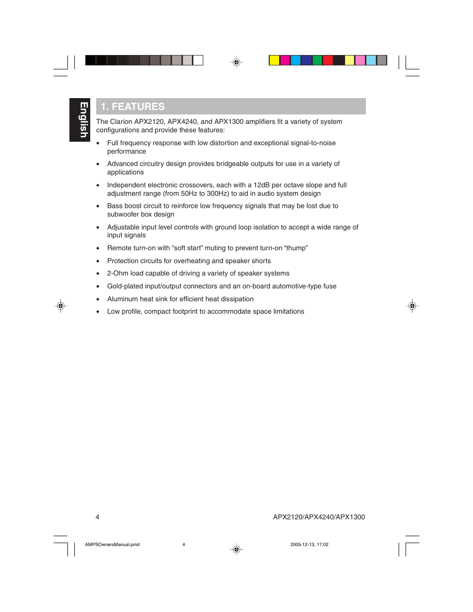 English 1. features | Clarion APX2120 User Manual | Page 4 / 20