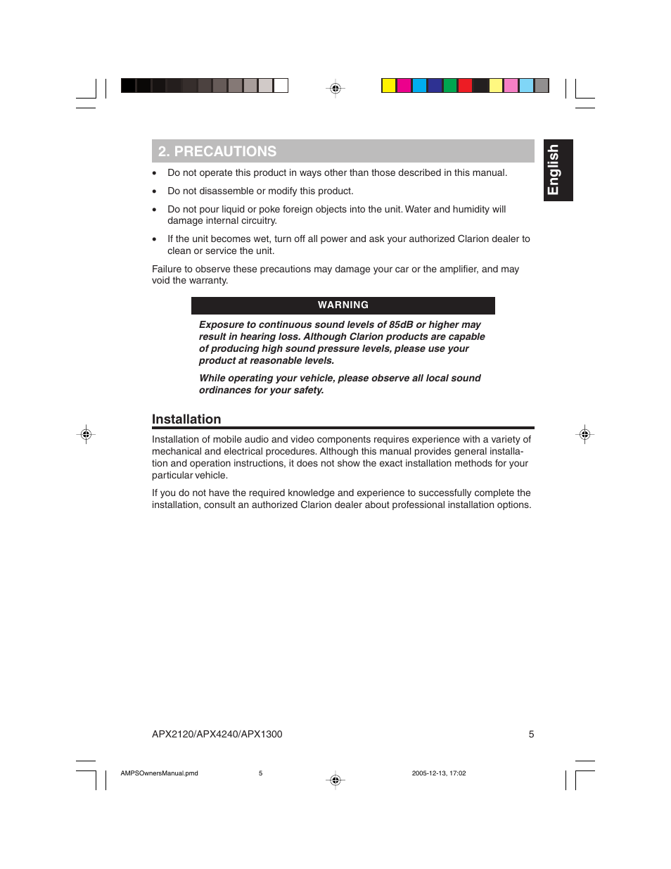 English 2. precautions, Installation | Clarion APX2120 User Manual | Page 5 / 20