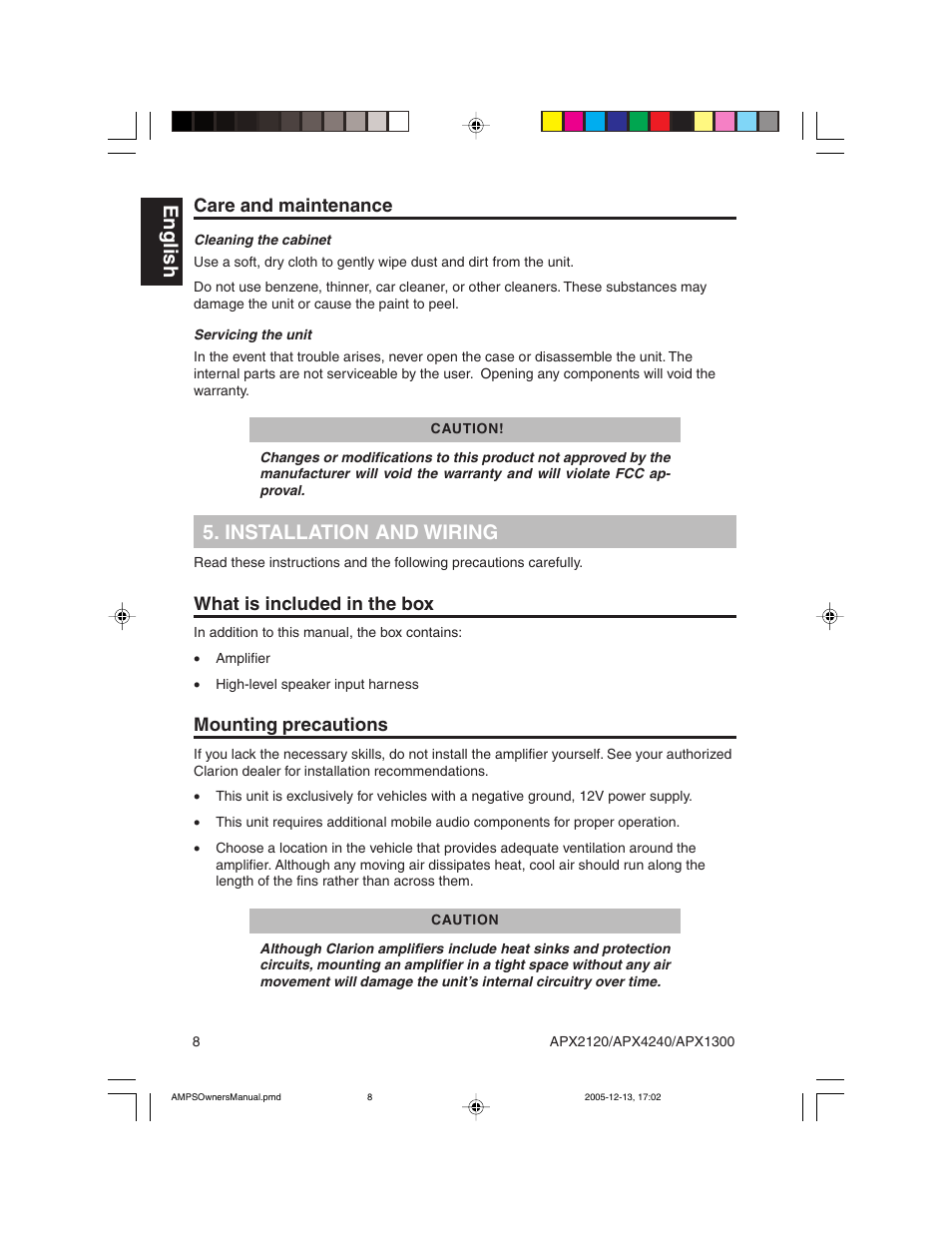 English, Installation and wiring, Care and maintenance | What is included in the box, Mounting precautions | Clarion APX2120 User Manual | Page 8 / 20