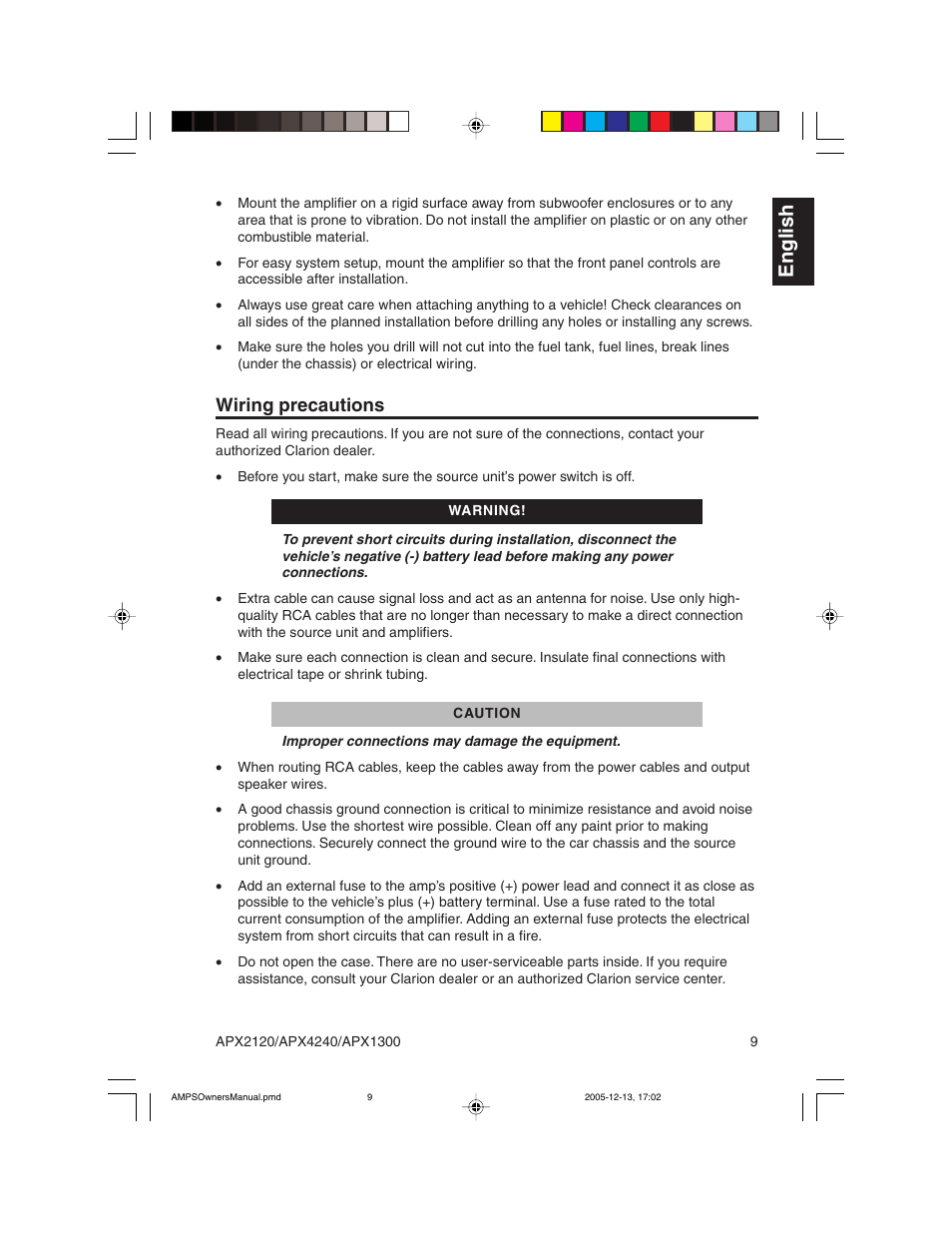 English, Wiring precautions | Clarion APX2120 User Manual | Page 9 / 20