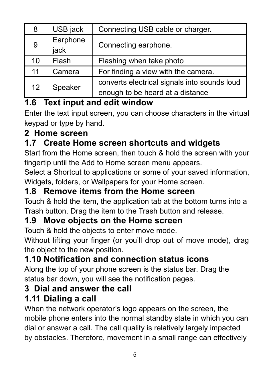 6 text input and edit window, 7 create home screen shortcuts and widgets, 8 remove items from the home screen | 9 move objects on the home screen, 10 notification and connection status icons, 11 dialing a call, Input, Edit, Window, Reate | Verykool s732 User Manual | Page 10 / 28