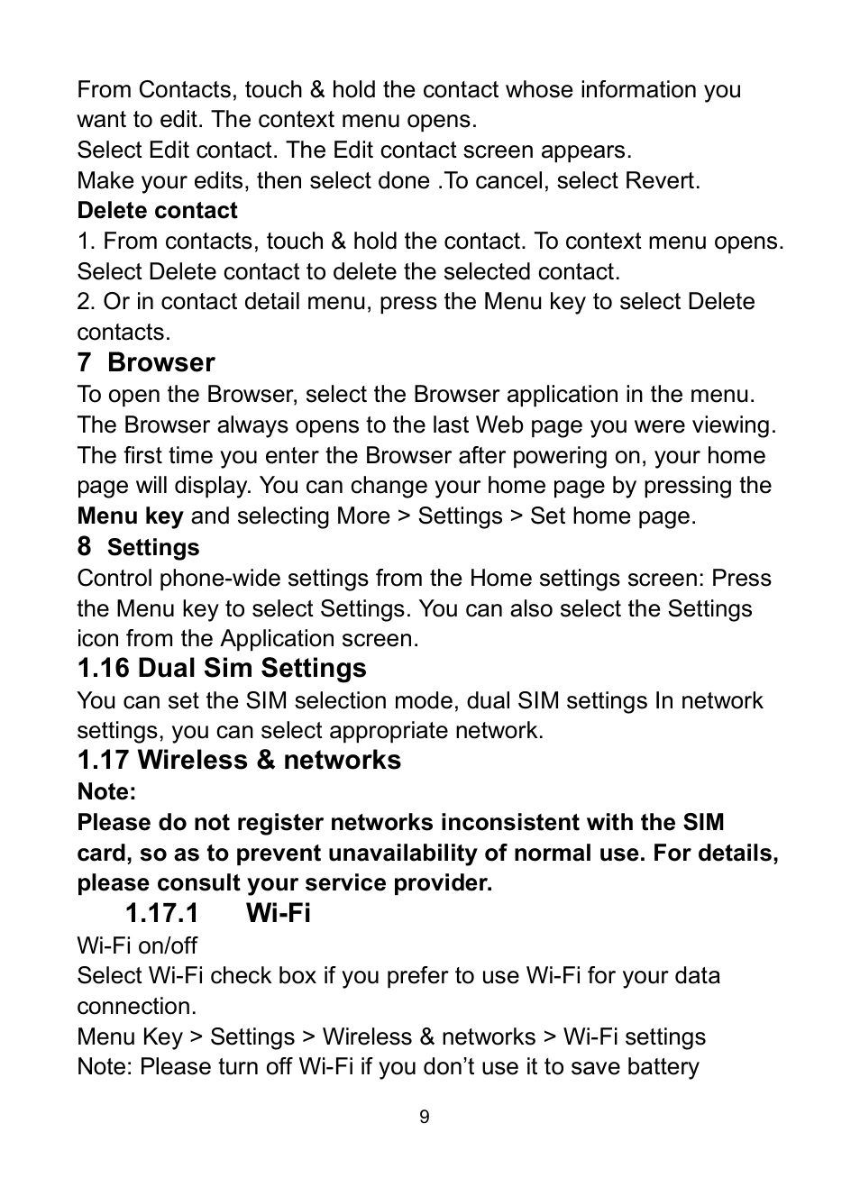16 dual sim settings, 17 wireless & networks, 1 wi-fi | 16 d, Ettings, 17 w, Ireless, Networks, 1 wi-­‐fi | Verykool s732 User Manual | Page 14 / 28