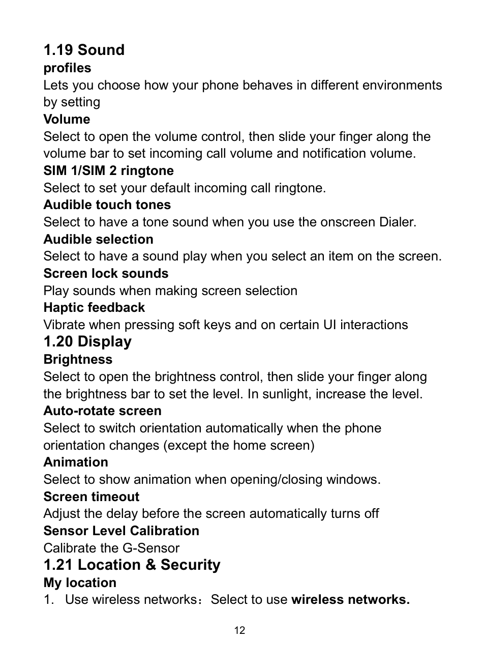 19 sound, 20 display, 21 location & security | 19 s, Ound, 20 d, Isplay, 21 l, Ocation, Ecurity | Verykool s732 User Manual | Page 17 / 28