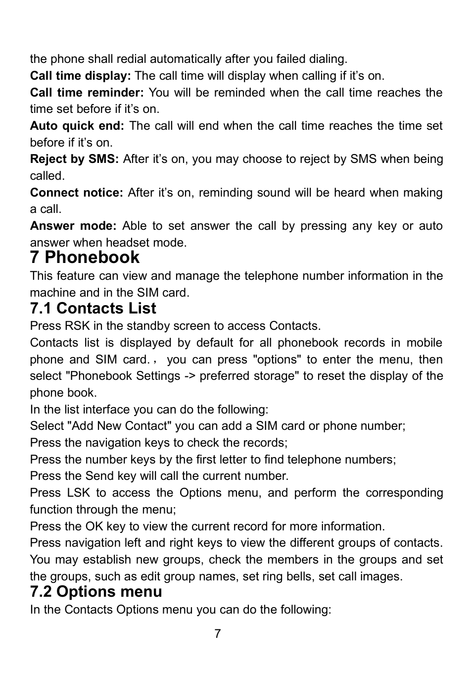 7 phonebook, 1 contacts list, 2 options menu | Verykool i607 User Manual | Page 14 / 28