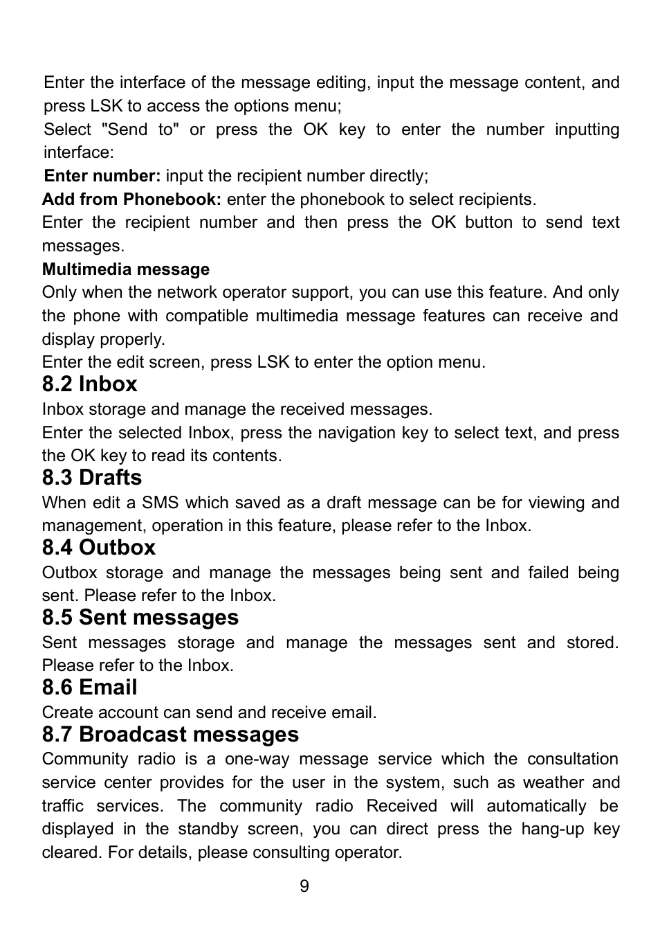 2 inbox, 3 drafts, 4 outbox | 5 sent messages, 6 email, 7 broadcast messages | Verykool i607 User Manual | Page 16 / 28