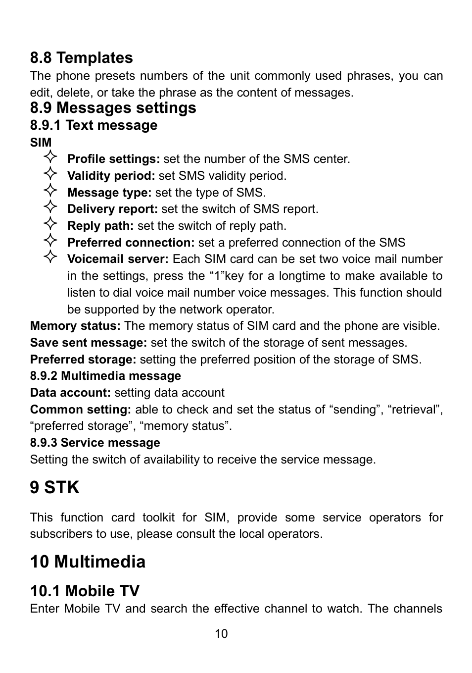 8 templates, 9 messages settings, 1 text message | 2 multimedia message, 3 service message, 9 stk, 10 multimedia, 1 mobile tv | Verykool i607 User Manual | Page 17 / 28