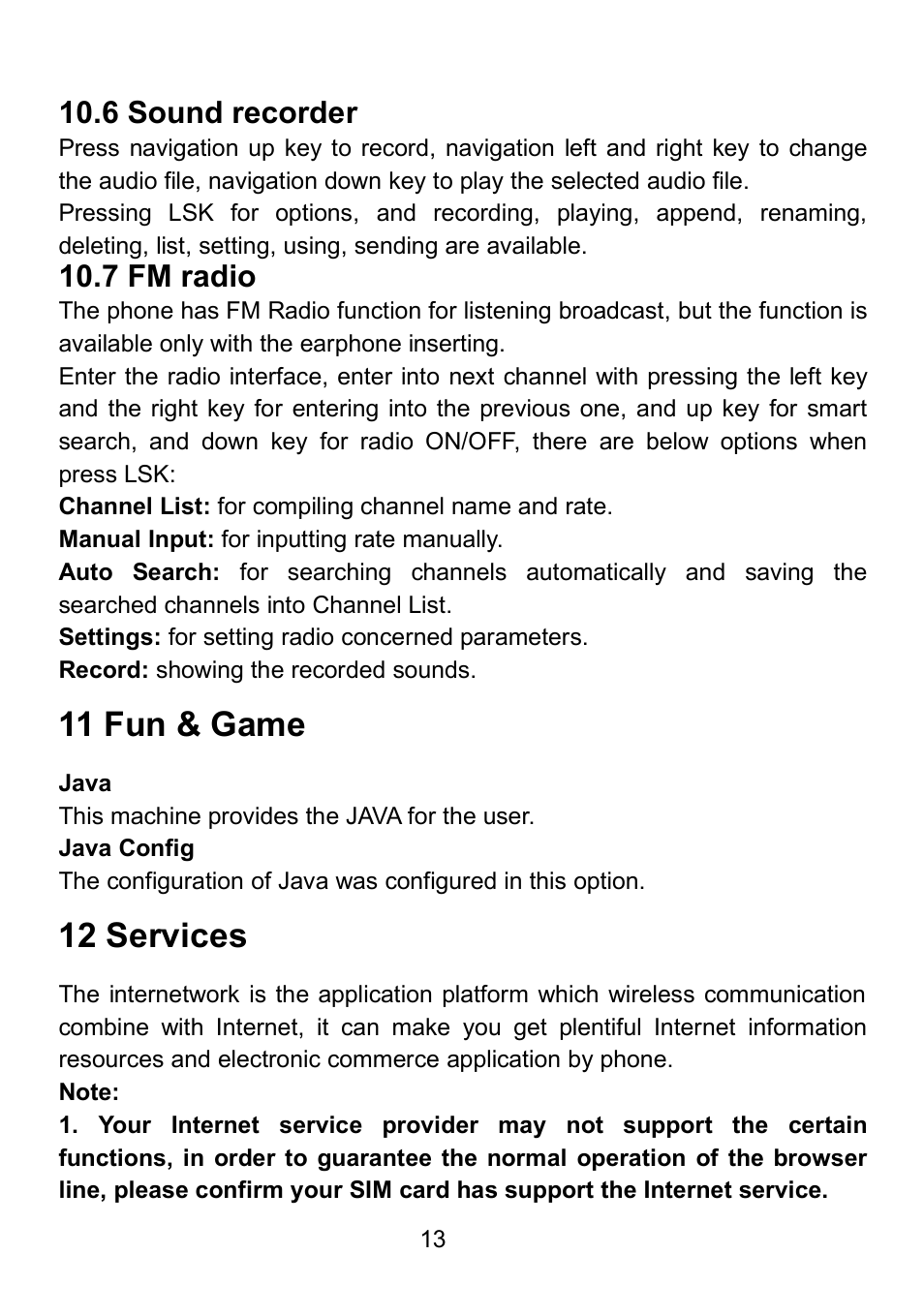 6 sound recorder, 7 fm radio, 11 fun & game | 12 services | Verykool i607 User Manual | Page 20 / 28