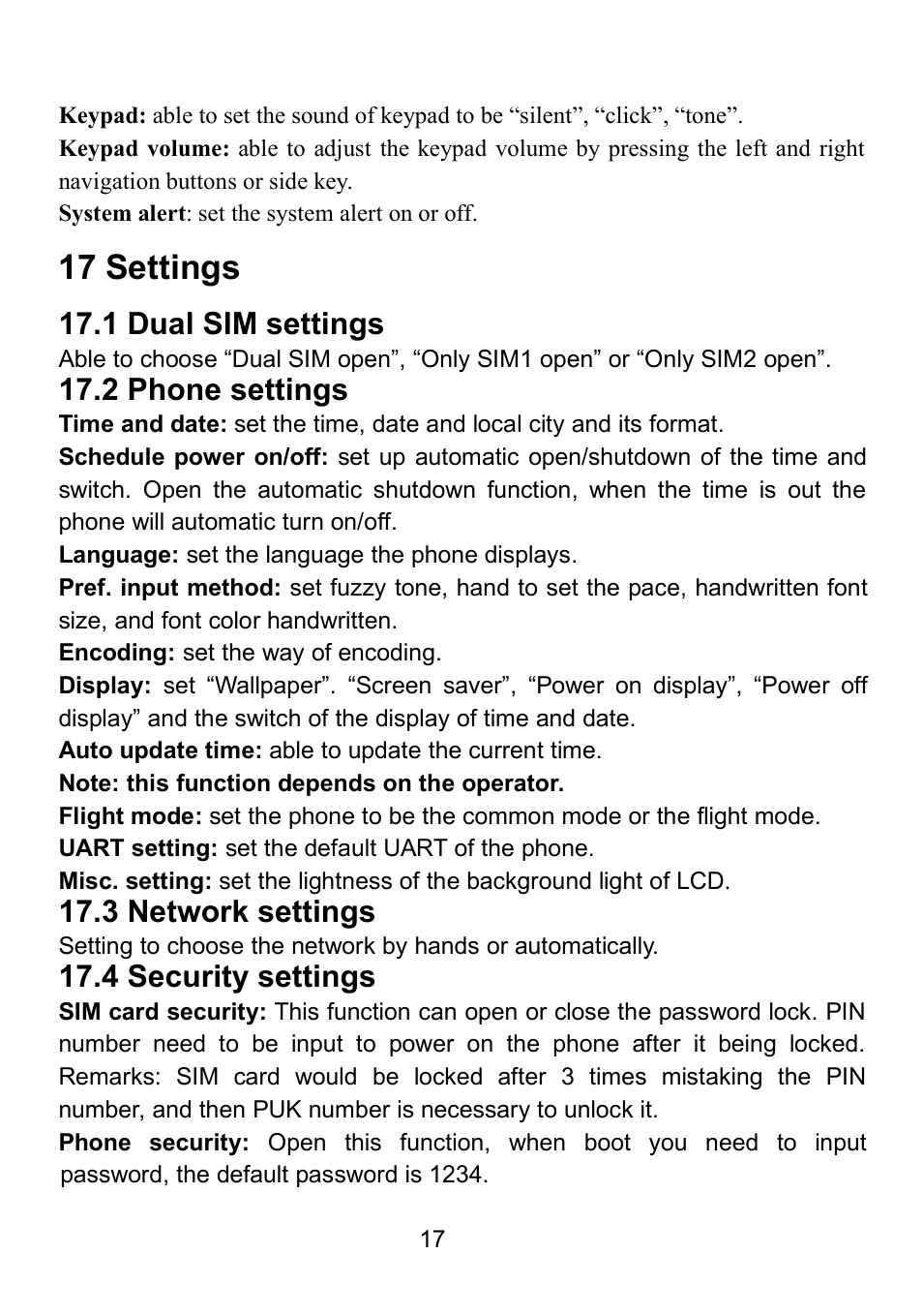 17 settings, 1 dual sim settings, 2 phone settings | 3 network settings, 4 security settings | Verykool i607 User Manual | Page 24 / 28