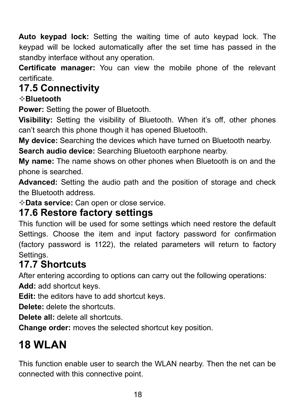 5 connectivity, 6 restore factory settings, 7 shortcuts | 18 wlan | Verykool i607 User Manual | Page 25 / 28